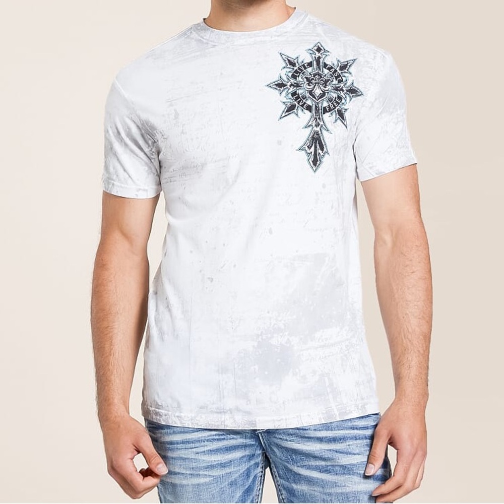 Affliction Men’s Medium Short Sleeve T-Shirt Blue Cross & Angel Wings Graphic - Picture 6 of 9